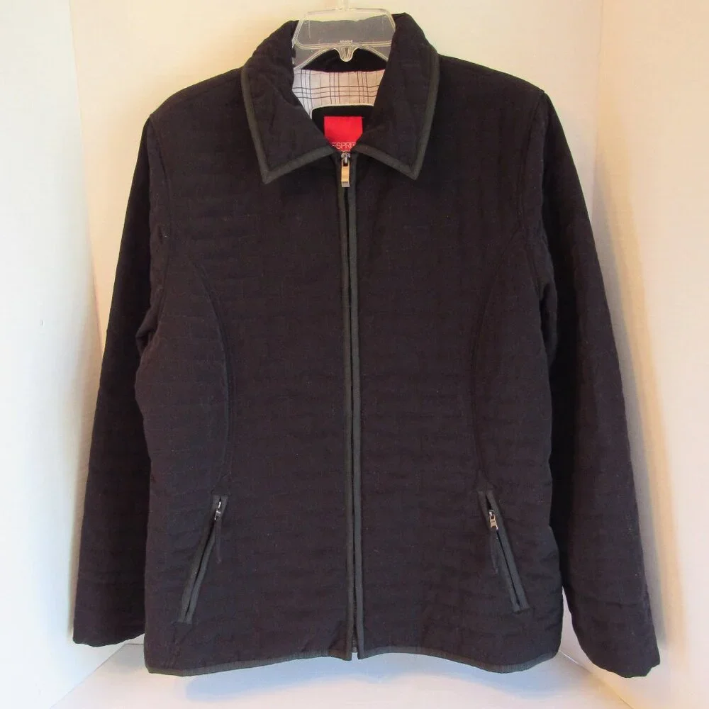 Esprit Black Quilted Full Zip Collared Zip Pocket Puffer Jacket Size XL